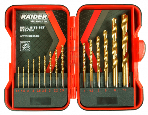 Свредла за метал 15бр. Ø1.5-10mm к-т HSS+TIN Raider